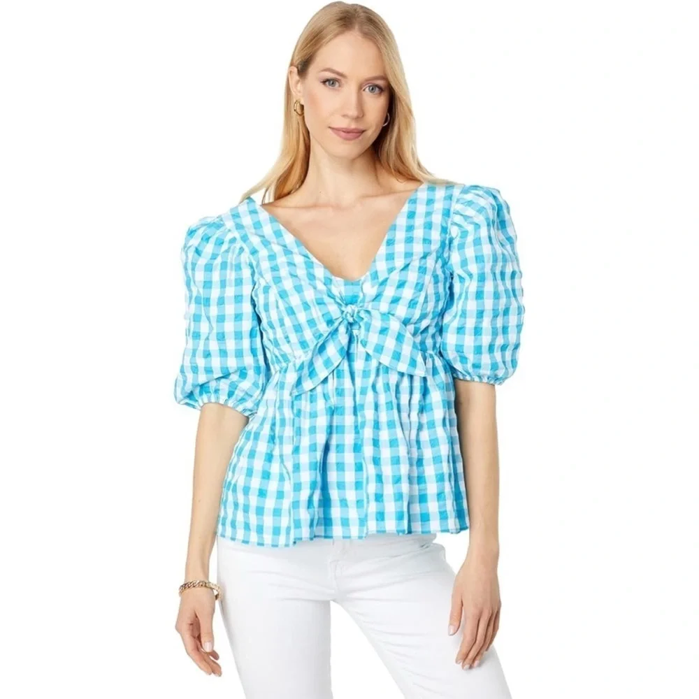 Sz 6 Lilly Pulitzer Sarafina Short Sleeve Turquoise Oasis Crinkle Gingham Top